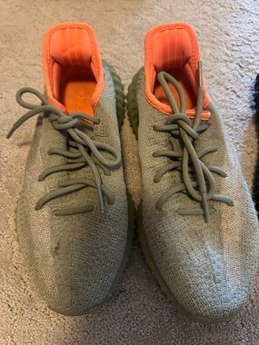 YEEZY Boost Authentic Olive Knit Sneakers with Orange Interior